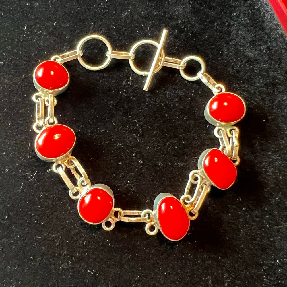 Beautiful Hand Crafted Silver & Coral Enamel Bracelet